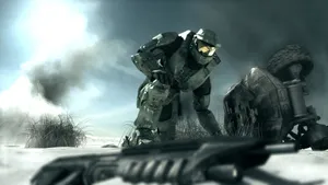 Master Chief Beside Fallen Vehicle Wallpaper