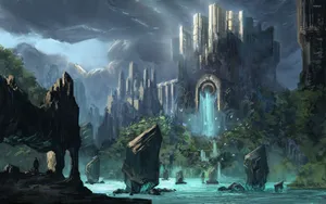 Medieval Castle Surrounded By Waterfalls Wallpaper