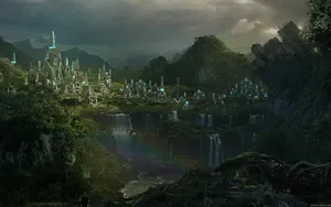Medieval Sci-fi City Forest Wallpaper