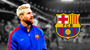 Messi With Fcb Logo Wallpaper