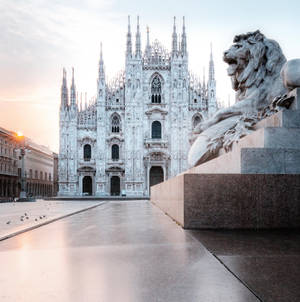 Milan's Cathedral With A Lion Statue Wallpaper