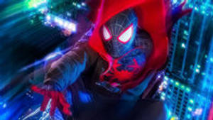 Miles Morales Above Neon Buildings Wallpaper