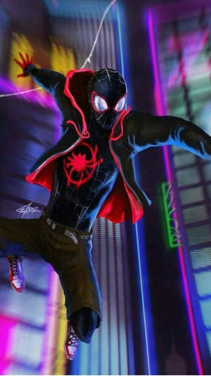 Miles Morales Neon Building Jump Wallpaper