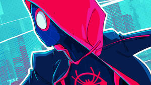 Miles Morales On Turquoise Buildings Wallpaper