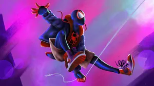 Miles Morales Spiderman Swinging Action4 K Wallpaper