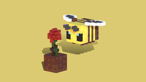 Minecraft Bee With Red Rose Wallpaper
