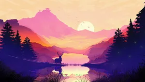 Minimalist Deer Mountain Scenery Wallpaper