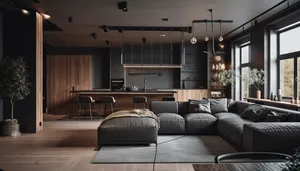 Modern Dark Toned Living Roomand Kitchen Interior Wallpaper