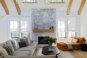 Modern Living Roomwith Stone Fireplace Wallpaper