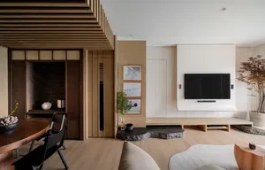 Modern Wood Accented Living Room Interior Wallpaper