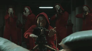 Money Heist Mask And Guns Wallpaper