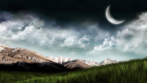 Moon Mountain Grass Laptop Wallpaper