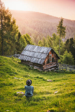 Mountain Cabin In The Forest Green Iphone Wallpaper