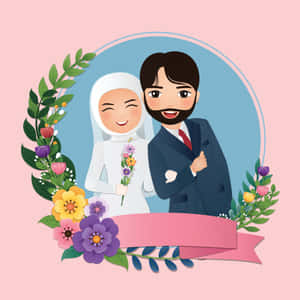 Muslim Couple Cartoon Floral Frame Wallpaper