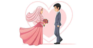 Muslim Couple Cartoon Love Heart Background Wallpaper