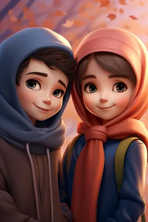 Muslim Couple Cartoon Smiling Together Wallpaper