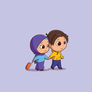 Muslim Couple Cartoon Walking Together Wallpaper