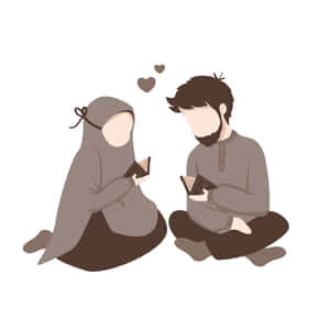 Muslim Couple Reading Together Cartoon Wallpaper