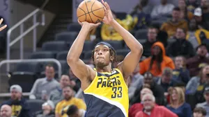 Myles Turner In Action - Free Throw Moment Wallpaper