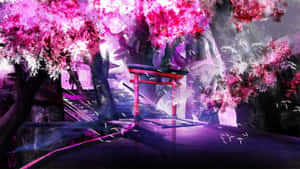 Mystical Cherry Blossom Torii Gate Anime Scene Wallpaper
