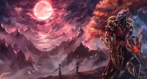 Mystical_ Warrior_ Under_ Blood_ Moon Wallpaper