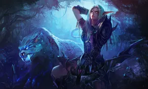 Mythical Elf Archer With Ephemeral Saber-tooth Tiger In Mysterious Woods Wallpaper