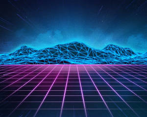 Neon Blue Aesthetic Grid Mountains Wallpaper