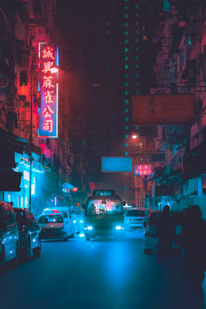 Neon Lights Road With Vehicles Wallpaper