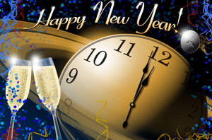 New Year Big Clock Wine Glasses Wallpaper