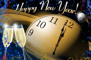 New Year Big Clock Wine Glasses Wallpaper