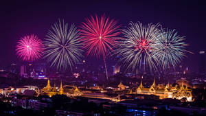 New Year Pink Fireworks Purple Sky Wallpaper