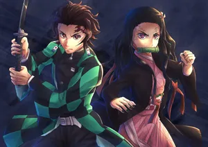Nezuko Joins Demon Slayer Tanjiro Kamado Wallpaper