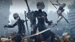 Nier Automata Androids 2b, 9s And A2 Fighting Wallpaper