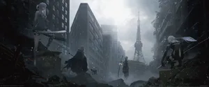 Nier Automata Characters And Tokyo Tower Wallpaper
