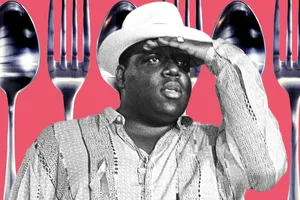 Notorious B I G Salutewith Spoonsand Forks Background Wallpaper