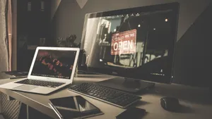 Office Desk With White Laptop Wallpaper