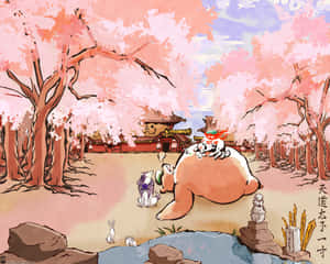 Okami Pig And Cat Drawing Hd Wallpaper