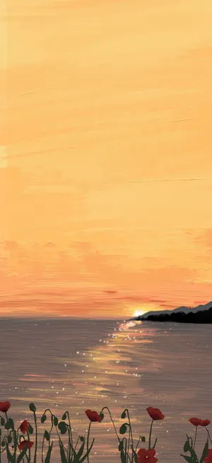 Orange Floral And Sunset Painting Wallpaper