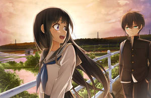 Oreki Houtarou With Eru Chitanda Sunset Wallpaper