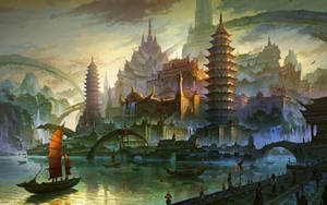 Oriental Sea Castle Fantasy Art Wallpaper