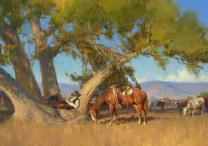 Painting Of Resting Western Cowboy Desktop Wallpaper