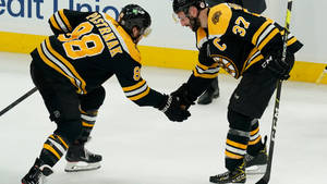 Patrice Bergeron And David Pastrnak Celebrating With A Handshake Wallpaper