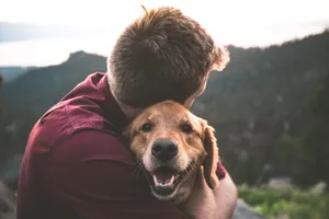 Photo Of Man Hugging Tan Dog Wallpaper