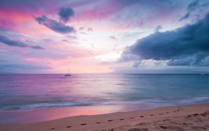 Pink Aesthetic Ocean Sunset With Boat Wallpaper