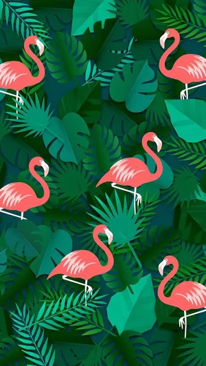 Pink And Green Aesthetic Flamingos And Leaves Wallpaper
