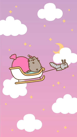 Pink Christmas Pusheen Cat Sleigh Wallpaper