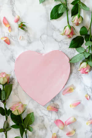 Pink Heart Roses Marble Background Wallpaper