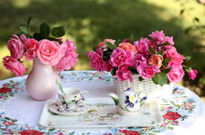 Pink Roses On A Tea Table Wallpaper