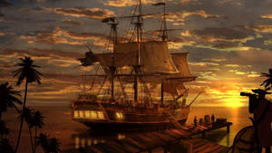 Pirate Ship Under Sunset Wallpaper