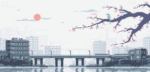 Pixel Art Of A City With A Cherry Tree Wallpaper